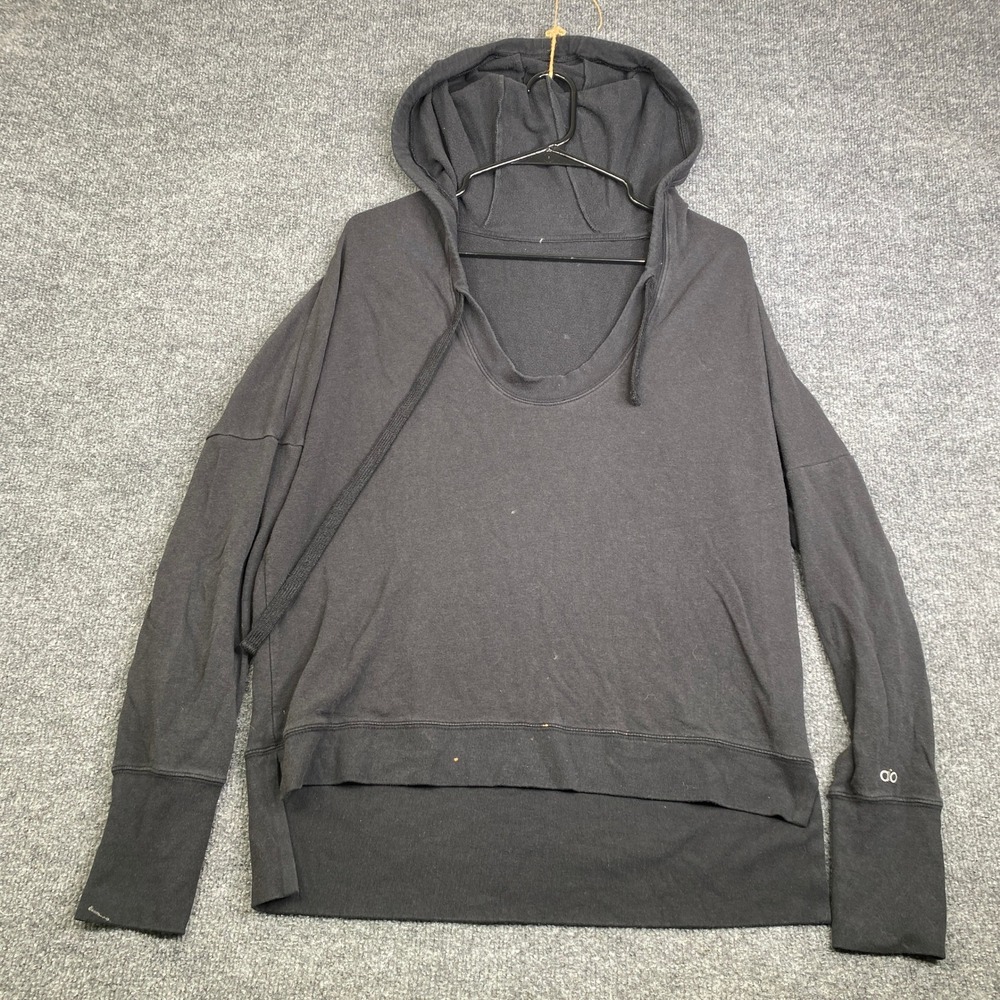 Alo Yoga Black Scoop Neck Hoodie Oversized Pullover Thumbhole Cuffs Womens